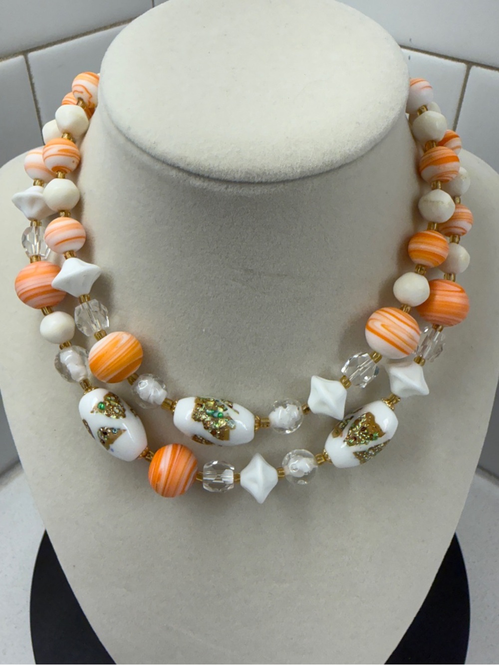 Handcrafted Orange and White Beaded Statement Necklace